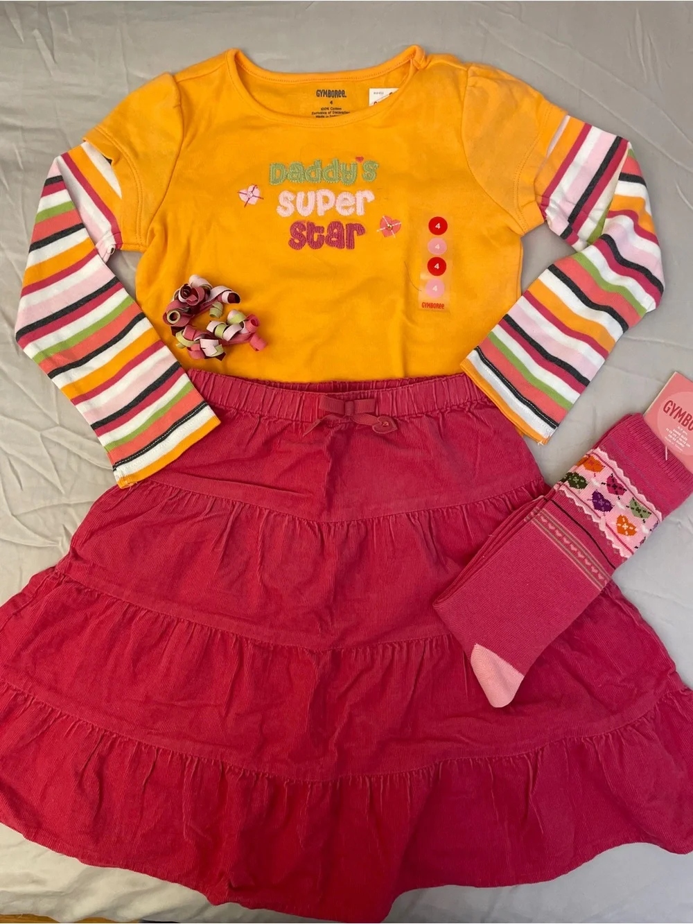 NWT 4pcs Gymboree Girls' Yellow 'Daddy's Super Star' Top Pink Skirt Knee Sock